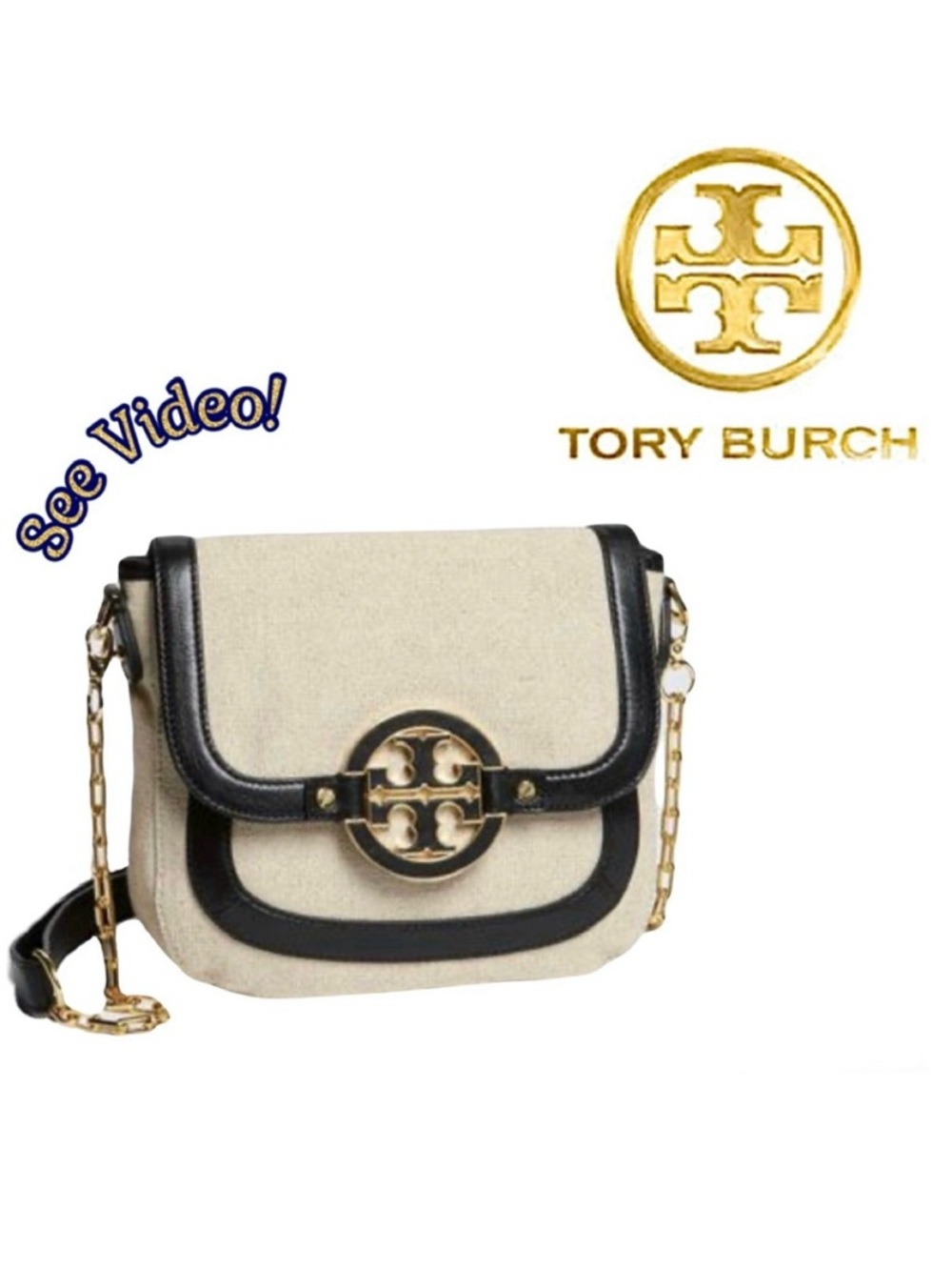 RARE! Unused 🌾 Tory Burch Amanda Canvas and Leather Chain Shoulder Bag w/ COA🌾